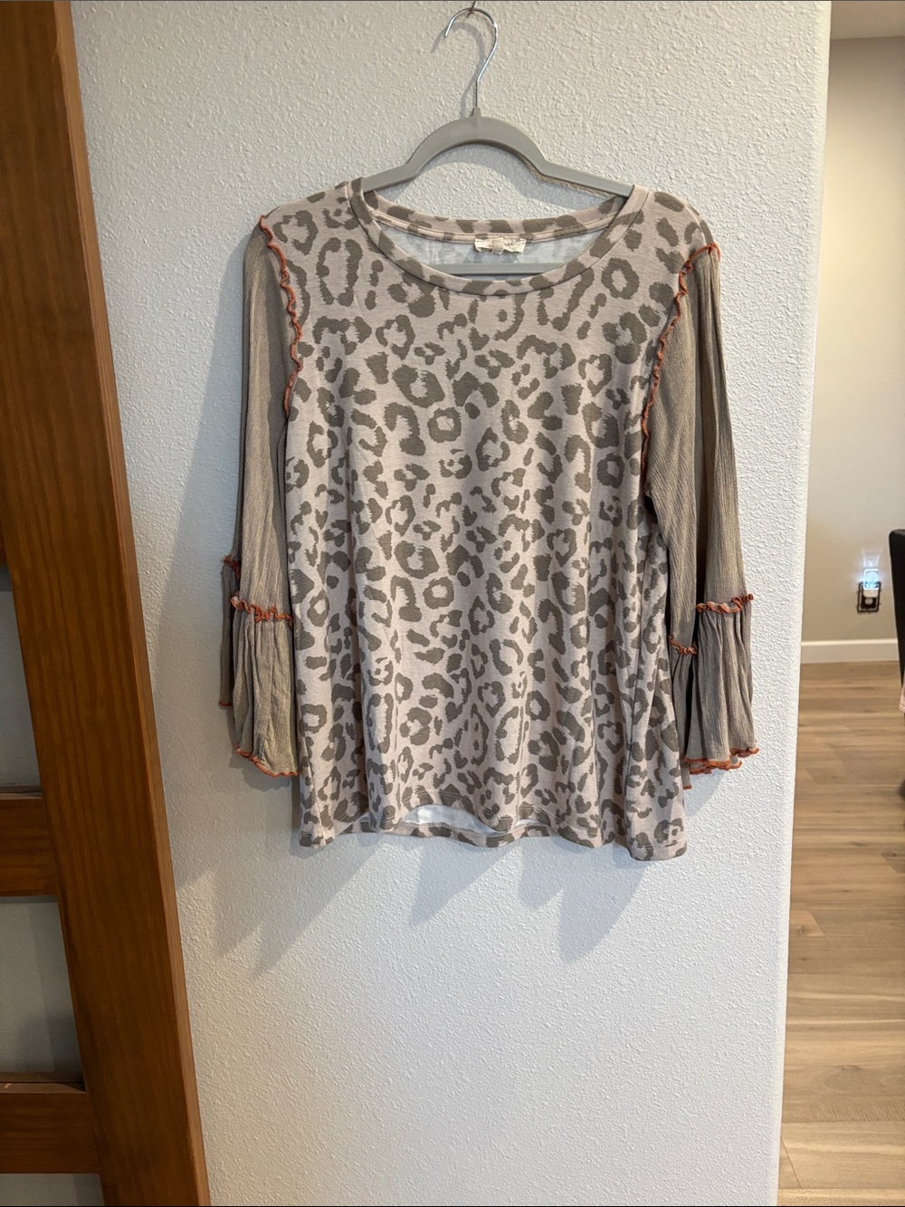 Mystree Taupe Leopard-Print Long Sleeve Top with Orange Trim